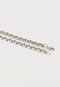 Ασημένια ορθογώνια αλυσίδα με κρίκους, κούμπωμα με γαρίδα και ανοιχτούς δακτυλίους στερέωσης σε λευκό φόντο.