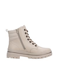 Beige ankle boot made of textured leather with a padded collar, side zippers, and flat laces. Features a rugged sole for traction.