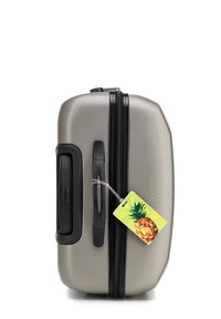 Zilveren harde koffer met een gestructureerde afwerking, zwarte rits en handvat. Voorzien van een kleurrijke ananas bagagelabel.