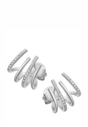 Boucles d'oreilles en argent avec trois brins en spirale. Un brin présente une rangée de cristaux transparents. Fini métallique lisse avec un aspect poli.
