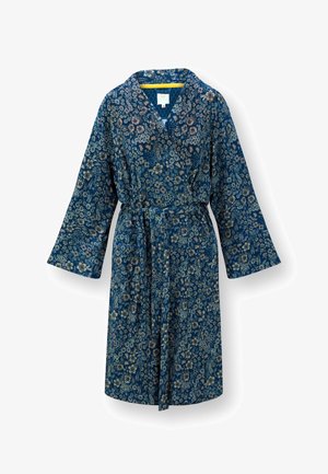 Blue floral patterned bathrobe with long sleeves and a belt tie at the waist, displayed against a white background.