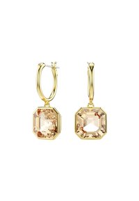 Zlaté kruhové náušnice s osemuholníkovými, bledými šampanskovými kameňmi, ktoré majú lesklý povrch a bezpečné zapínanie na kolík.