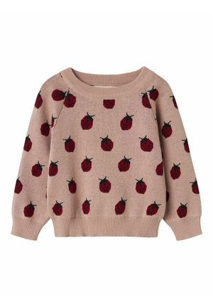 Pull en maille rose avec motifs de coccinelles rouges et noires, col rond, poignets et ourlet côtelés.