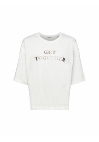 Camiseta blanca de manga corta de algodón, con la frase "UNÁMONOS" en impresión de foil metálico en la parte frontal. Diseño corto.