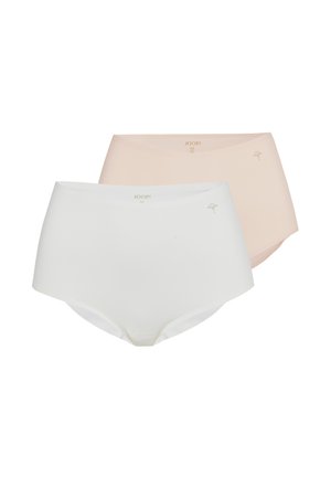 To sømløse dameunderbukser med høj talje i beige og hvid, hver med et lille blomsterlogo nær taljelinjen.