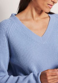 Helles, bläuliches Strickpullover mit V-Ausschnitt, der über eine gerippte Textur und subtile Zopfmuster-Akzente an den Schultern und Ärmeln verfügt.
