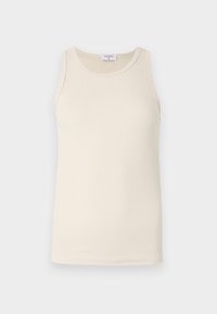 Cremfarbener gerippter Tanktop mit Rundhalsausschnitt und ohne Ärmel. Der Stoff ist glatt, hat ein tailliertes Design und eine gleichmäßige Textur.