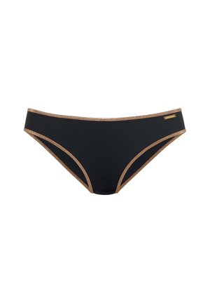 Schwarzer Bikini-Slip mit metallisch goldener Umrandung entlang der Kanten und einem kleinen goldenen Markenzeichen auf der rechten Seite.