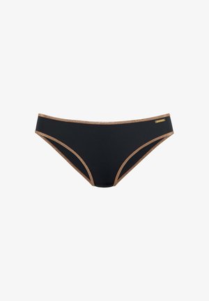 Schwarzer Bikini-Slip mit metallisch goldener Umrandung entlang der Kanten und einem kleinen goldenen Markenzeichen auf der rechten Seite.