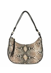 Borsa hobo con tracolla in pelle nera, in finta pelle di serpente texturizzata nei toni neutri, con chiusura con zip e decorazione di nappina.