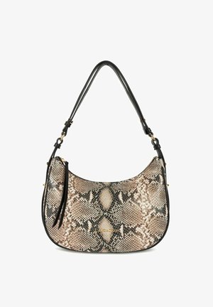 Hobo tas met zwarte leren schouderriem, gestructureerde nepleer in neutrale tinten, met een ritssluiting en een decoratieve franjerij.