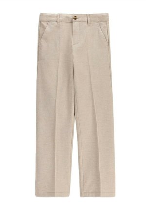 Beżowe proste spodnie z szlufkami na pasek, przednimi kieszeniami, zapięciem na guziki oraz subtelnym teksturowanym wzorem tkaniny.