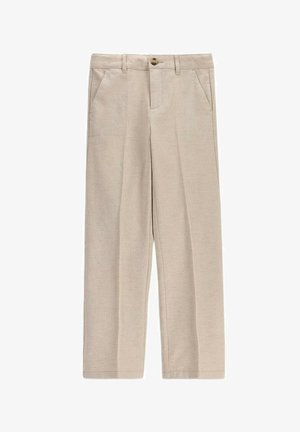Beżowe proste spodnie z szlufkami na pasek, przednimi kieszeniami, zapięciem na guziki oraz subtelnym teksturowanym wzorem tkaniny.