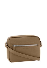 Tasche in Tan aus strukturiertem Stoff. Mit einem silbernen Reißverschluss und einem verstellbaren Träger ausgestattet. Kompaktes Design mit einer vorderen Reißverschlusstasche.