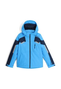 Blaue wasserdichte Jacke mit Kapuze, ausgestattet mit marineblauen Akzenten, silbernen Details, mit Reißverschlusstaschen und einem Reißverschluss vorne.