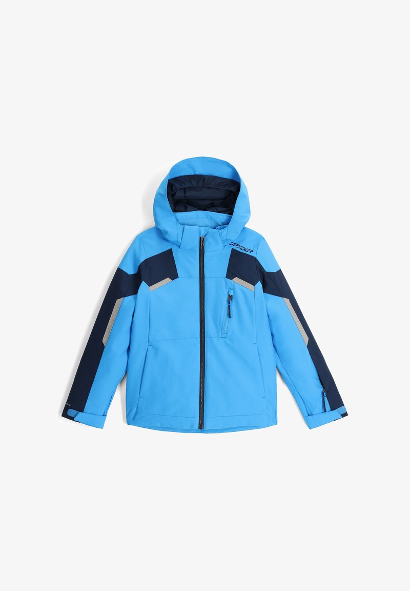 Blaue wasserdichte Jacke mit Kapuze, ausgestattet mit marineblauen Akzenten, silbernen Details, mit Reißverschlusstaschen und einem Reißverschluss vorne.