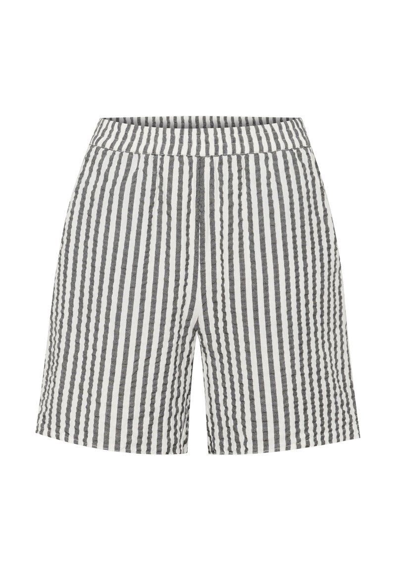 Pantaloni corti in cotone con una fantasia a righe grigie e bianche. Presentano un girovita elastico e una vestibilità comoda con cuciture laterali. Texture liscia.