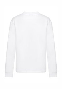 Long-sleeve white t-shirt, round neckline, made of cotton, featuring a smooth texture and no visible logos or patterns on the back.