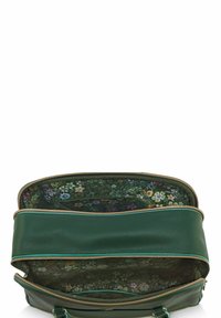 Green leather bag with textured exterior, gold zipper, and floral-patterned interior lining. Features a spacious double-compartment design.