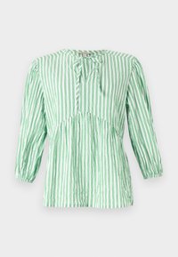 Π�ράσινη και λευκή ριγέ μπλούζα, ελαφρύ ύφασμα, στρογγυλός λαιμός με λεπτομέρεια δέσιμου, μακριά μανίκια με ελαστικούς καρπούς, μαζεμένη στη μέση.