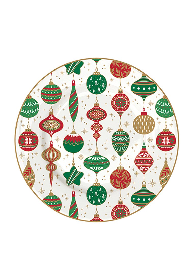 Piatto tondo bianco decorato con ornamenti natalizi rossi, verdi e dorati pendenti e fiocchi di neve dorati sparsi.