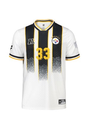 Maillot de football blanc des Pittsburgh Steelers avec des rayures verticales noires et jaunes et le numéro 33 en jaune sur le devant.