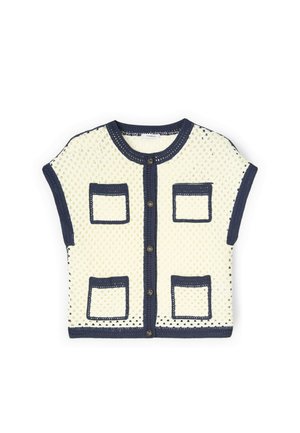 Kortemouwen crème gebreid vest met marineblauwe bies, vier voorzakken en knoopsluiting aan de voorkant.