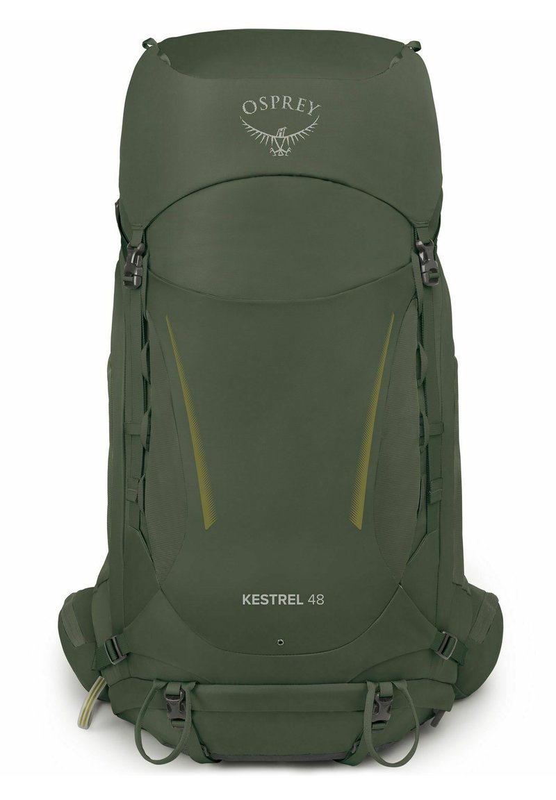 Zaino verde Osprey Kestrel 48 con un'esterno liscio, spallacci regolabili, tasche laterali e sottili dettagli gialli. Finitura in tessuto resistente.