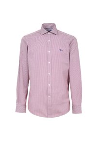 Camicia a maniche lunghe a righe rosse e bianche con frontale bottonato, caratterizzata da bottoni bianchi e un piccolo logo blu sul lato sinistro del petto.