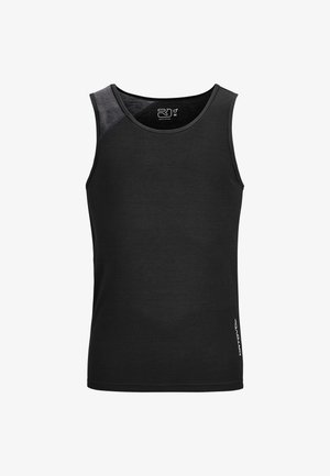 Schwarzes Tanktop aus leichtem Material, mit einem grauen Einsatz an der Schulter und einem figurbetonten Design mit rundem Ausschnitt.
