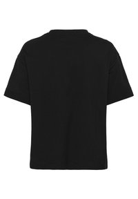 Black cotton t-shirt with a crew neck, short sleeves, and a straight cut. No patterns or graphics present. Smooth texture.