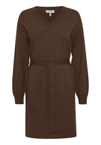 Abito marrone in maglia con scollo a V, maniche lunghe e cintura coordinata in vita. Texture liscia con vestibilità comoda.