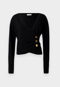 Suéter preto cropped com um design em envoltório, mangas longas e três botões dourados na parte da frente. Têxtil suave e tecido elástico.