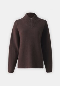 Pruun koonusjaket kõrge ribaga kaeluse ja madala õlavarre disainiga. Omab pikki varrukaid ja mugavat lõike. 