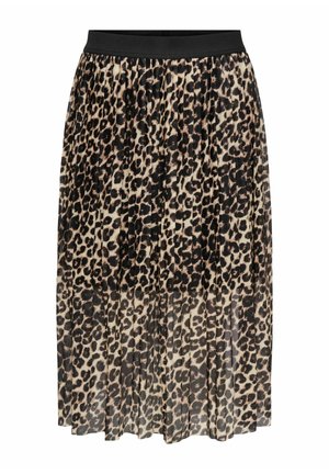 Spódnica midi w panterkę z plisowanym wykończeniem, z czarną elastyczną talią i miękkim, lekkim materiałem.