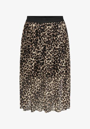 Spódnica midi w panterkę z plisowanym wykończeniem, z czarną elastyczną talią i miękkim, lekkim materiałem.