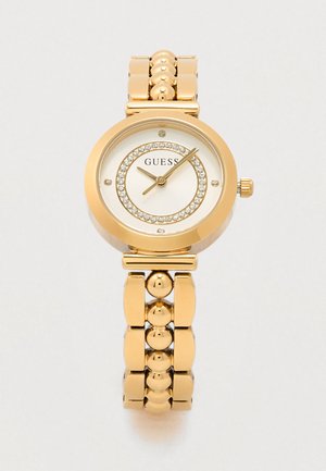 Gold-tone watch featuring a round dial with crystal accents, white face, and adjustable link bracelet with smooth and bead-like details.
