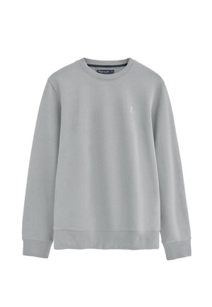 Felpa grigia chiara con scollo tondo, maniche lunghe e piccolo logo bianco del giocatore di polo sul petto a sinistra.