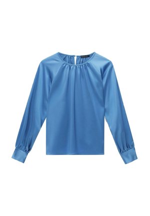 Niebieska satynowa bluzka z długim rękawem, z marszczonym dekoltem i elastycznymi mankietami. Gładka tekstura, luźny krój i minimalne zdobienia.