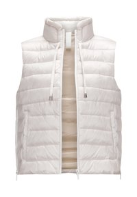 Leichte, ärmellose Steppweste in Off-White. Verfügt über eine gesteppte Textur, hohen Kragen, Fronttaschen und einen Reißverschluss. Innere Fütterung sichtbar.