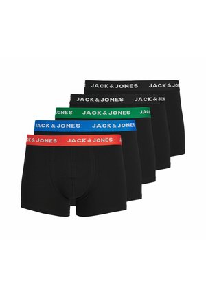 Fünf schwarze Boxer-Slips mit Taillenbündchen in Rot, Blau, Grün und zwei in Schwarz, jeweils mit dem Schriftzug "JACK & JONES" in kontrastierender Schrift.