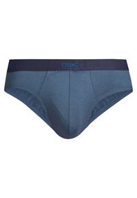 Herrenboxershorts aus dunkelblauem Stoff mit einem kontrastierenden marineblauen Bund, der ein geprägtes Logo zeigt. Glatte Textur und enganliegendes Design.