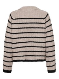 Beige striktrøje med lange ærmer og vandrette sorte striber, ribstrikkede manchetter og kant, vist bagfra.