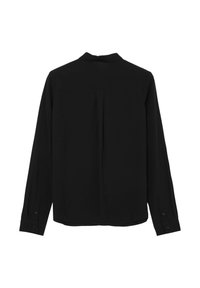 Camicia nera a maniche lunghe con colletto classico, polsini con bottone, piega sul retro e texture liscia, progettata con uno stile semplice e minimalista.