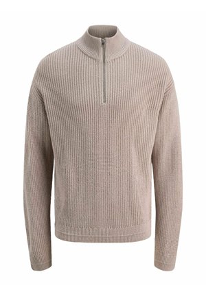 Licht beige gebreide pullover met lange mouwen, een kwart ritssluiting en geribde kraag, manchetten en onderrand.