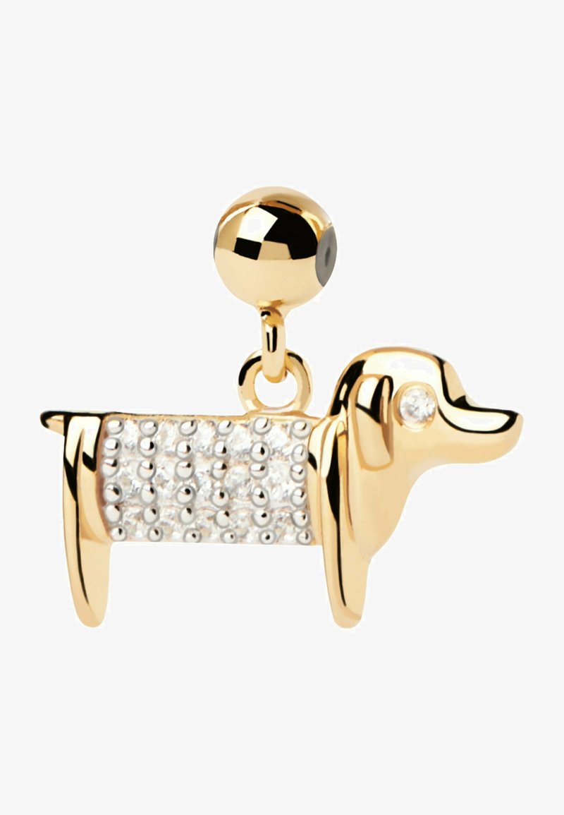Guldtonet gravhund charm med krystal accenter på kroppen, med en glat finish og en rund fastgørelsesring øverst.