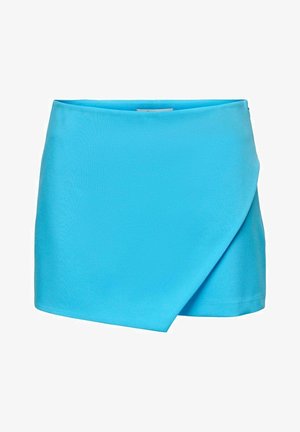 Modrá mini sukně z hladkého materiálu. Má diagonální lem a plochý pas. Bez kapes a viditelného kování.