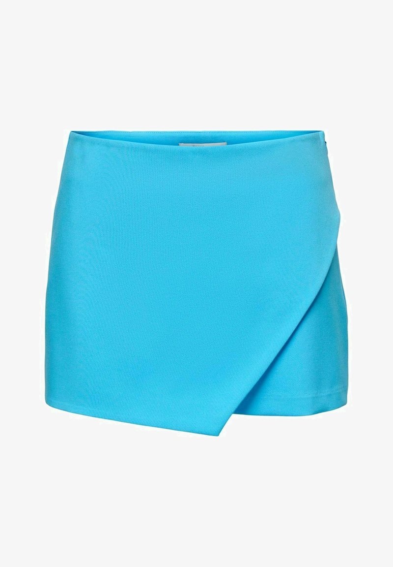 Minibucht mit blauem Wickeldesign aus glattem Stoff. Verfügt über einen diagonalen Saum und einen flachen Bund. Keine Taschen oder sichtbare Beschläge.