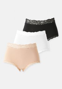 Three pairs of lace-trimmed hipster underwear in beige, white, and black, featuring soft fabric and floral lace accents on the waistband.
