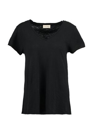 Black short-sleeve V-neck t-shirt with a slim fit and slightly textured fabric on a white background.